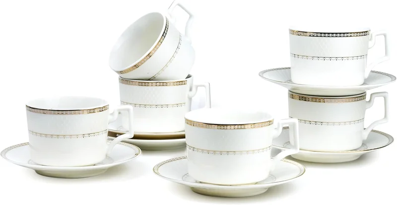 Shallow Shallow New Bone China Rosa Tea Cup & Saucer Set, 220ml (White, 6 Cups, 6 Saucer) || Luxurious Tea Cup